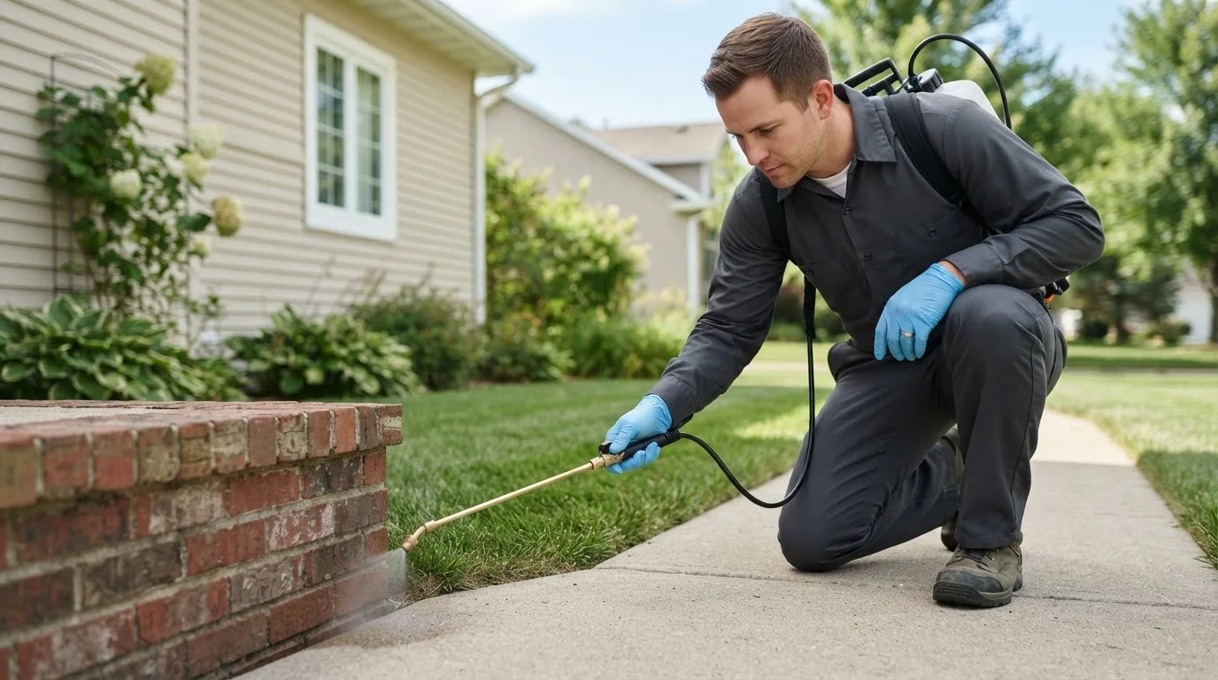 Pest control technician treating a home near Scott City, KS